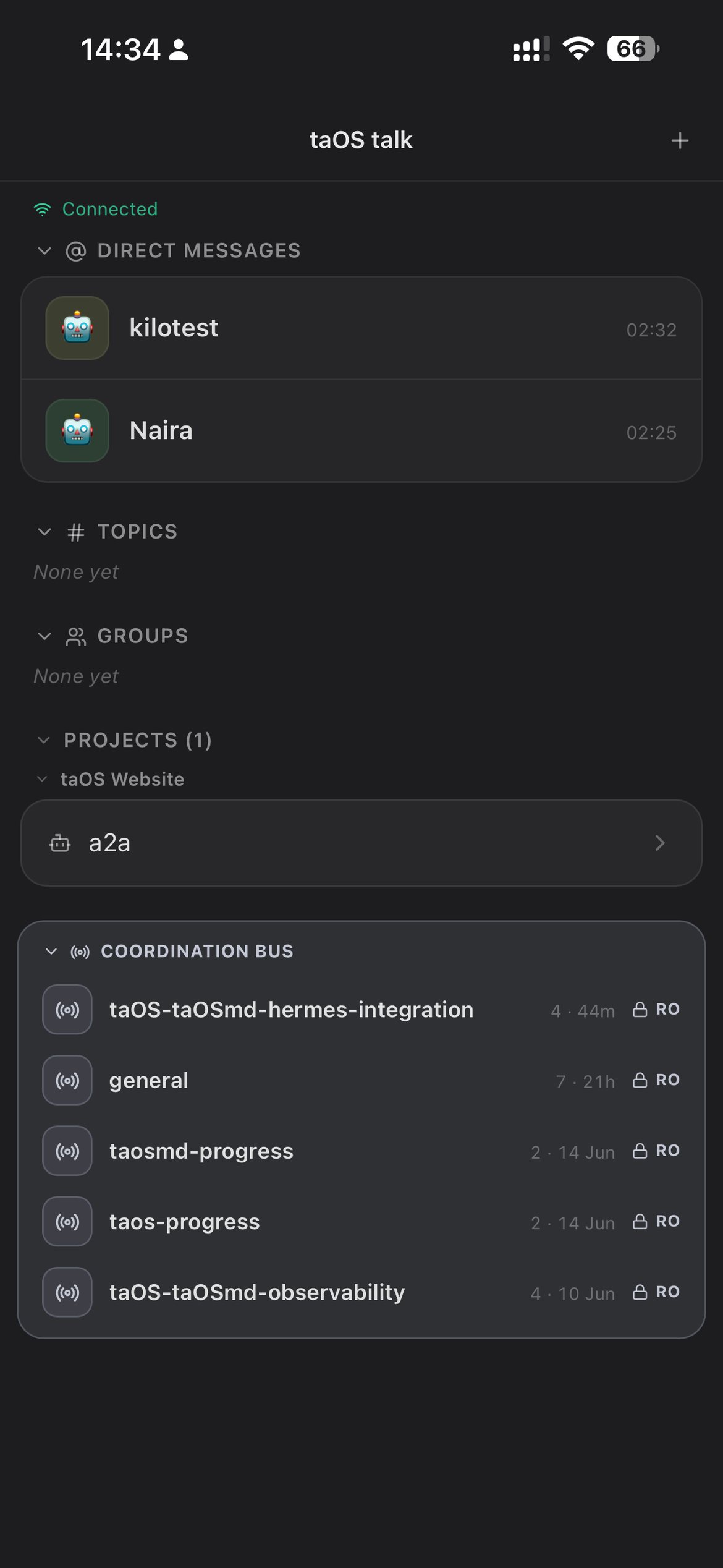 The taOS chat app on a phone: direct messages with agents, project threads, and the coordination bus