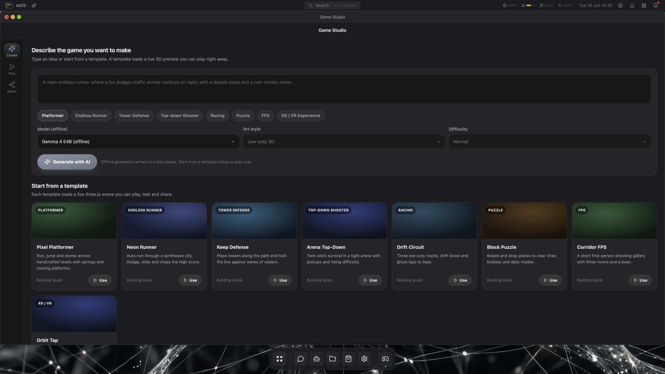Game Studio prompt and template gallery for making a game